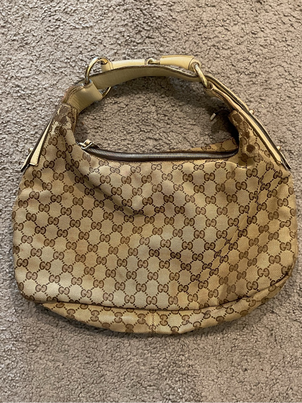 Gucci Vintage Ebony Horsebit GG Canvas Monogram Brown Hobo Bag Purse 115867